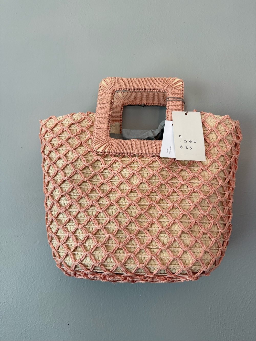 a new day Pink and Natural Woven Raffia Square-Handle Tote